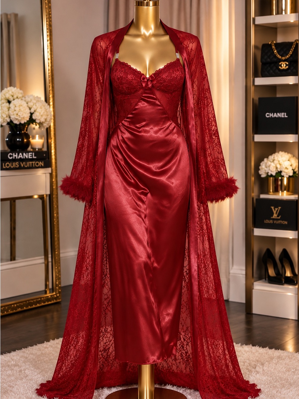 Luxury Red Satin Gown & Sheer Lace Robe 2-Piece Set